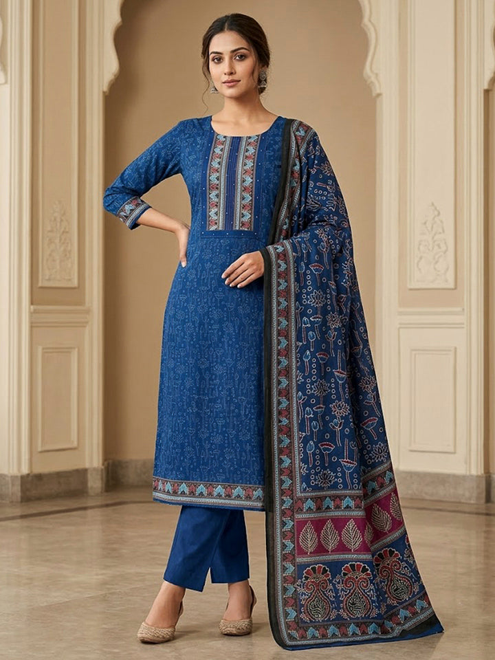Blue Chanderi Printed Unstitched Dress Material