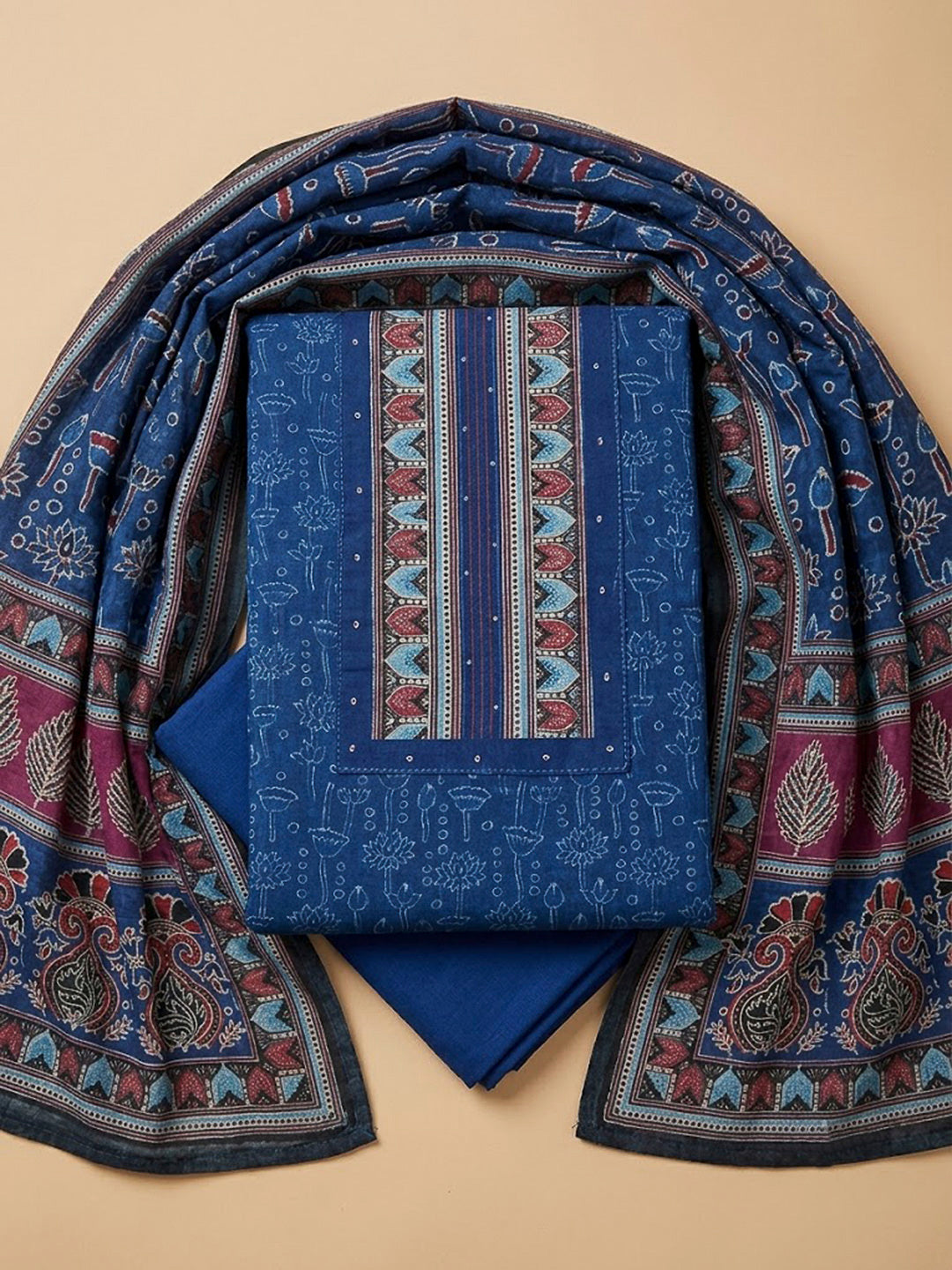 Blue Chanderi Printed Unstitched Dress Material