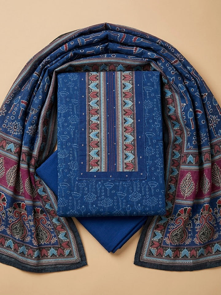 Blue Chanderi Printed Unstitched Dress Material