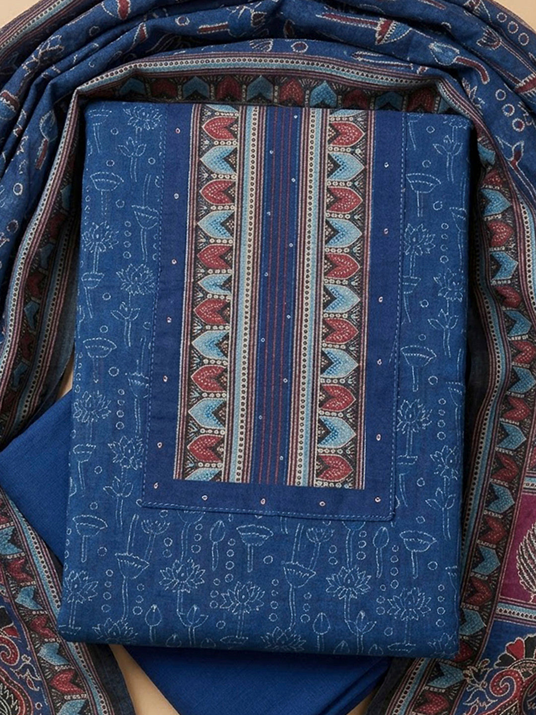 Blue Chanderi Printed Unstitched Dress Material