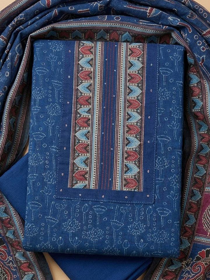 Blue Chanderi Printed Unstitched Dress Material