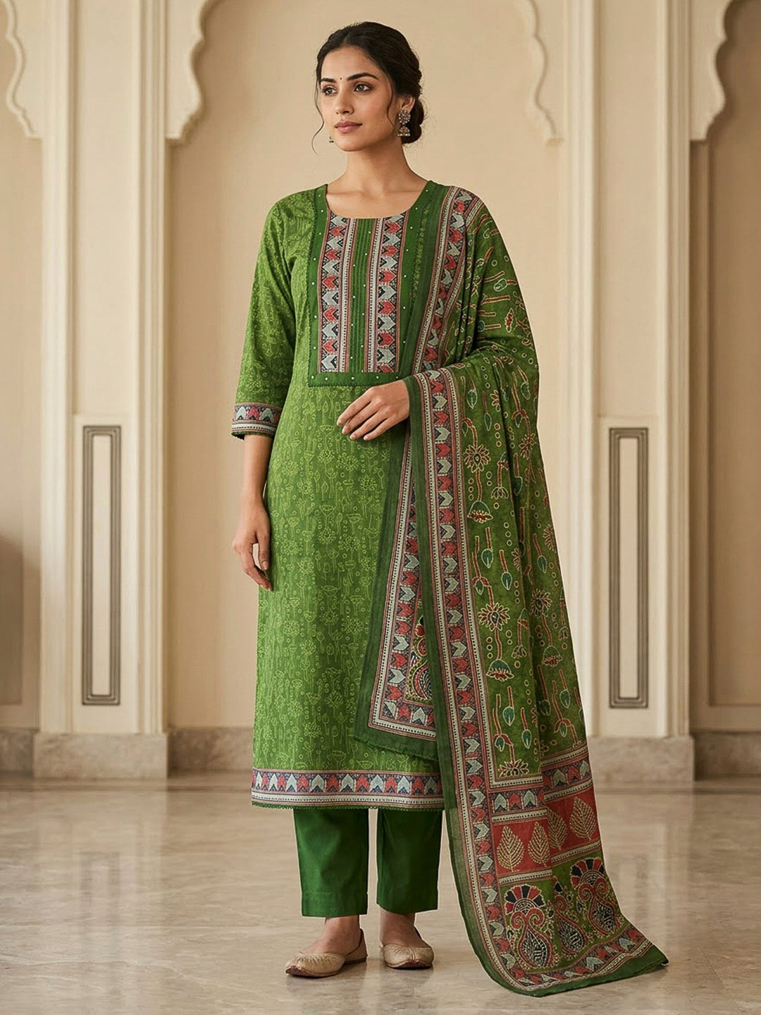 Mehndi Chanderi Printed Unstitched Dress Material