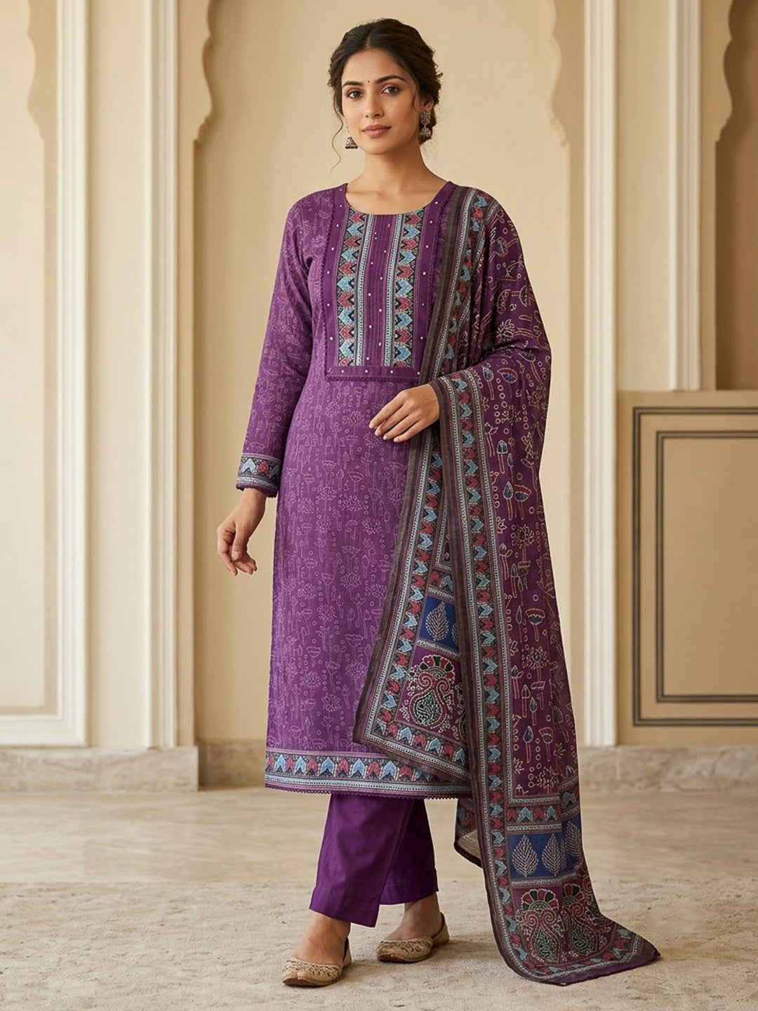 Purple Chanderi Printed Unstitched Dress Material