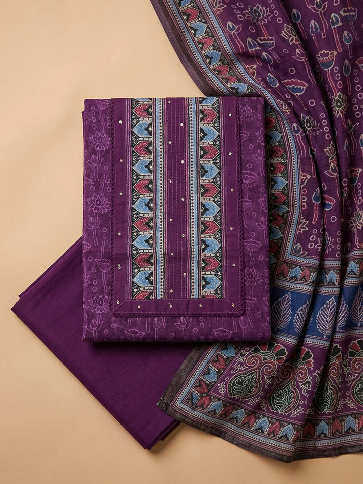 Purple Chanderi Printed Unstitched Dress Material