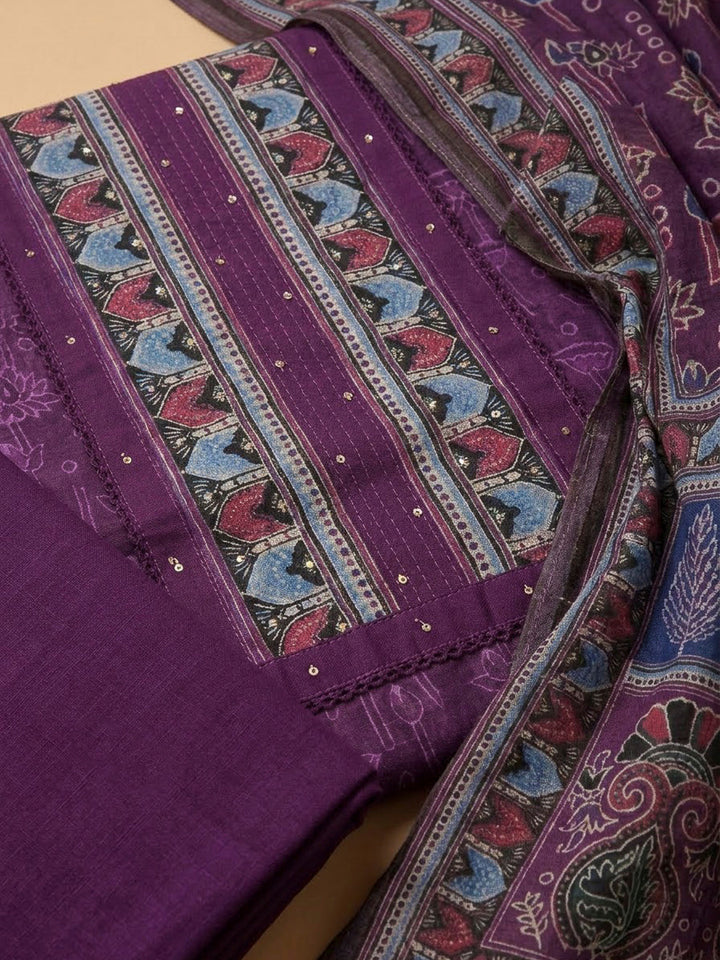 Purple Chanderi Printed Unstitched Dress Material