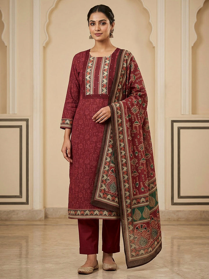 Red Chanderi Printed Unstitched Dress Material
