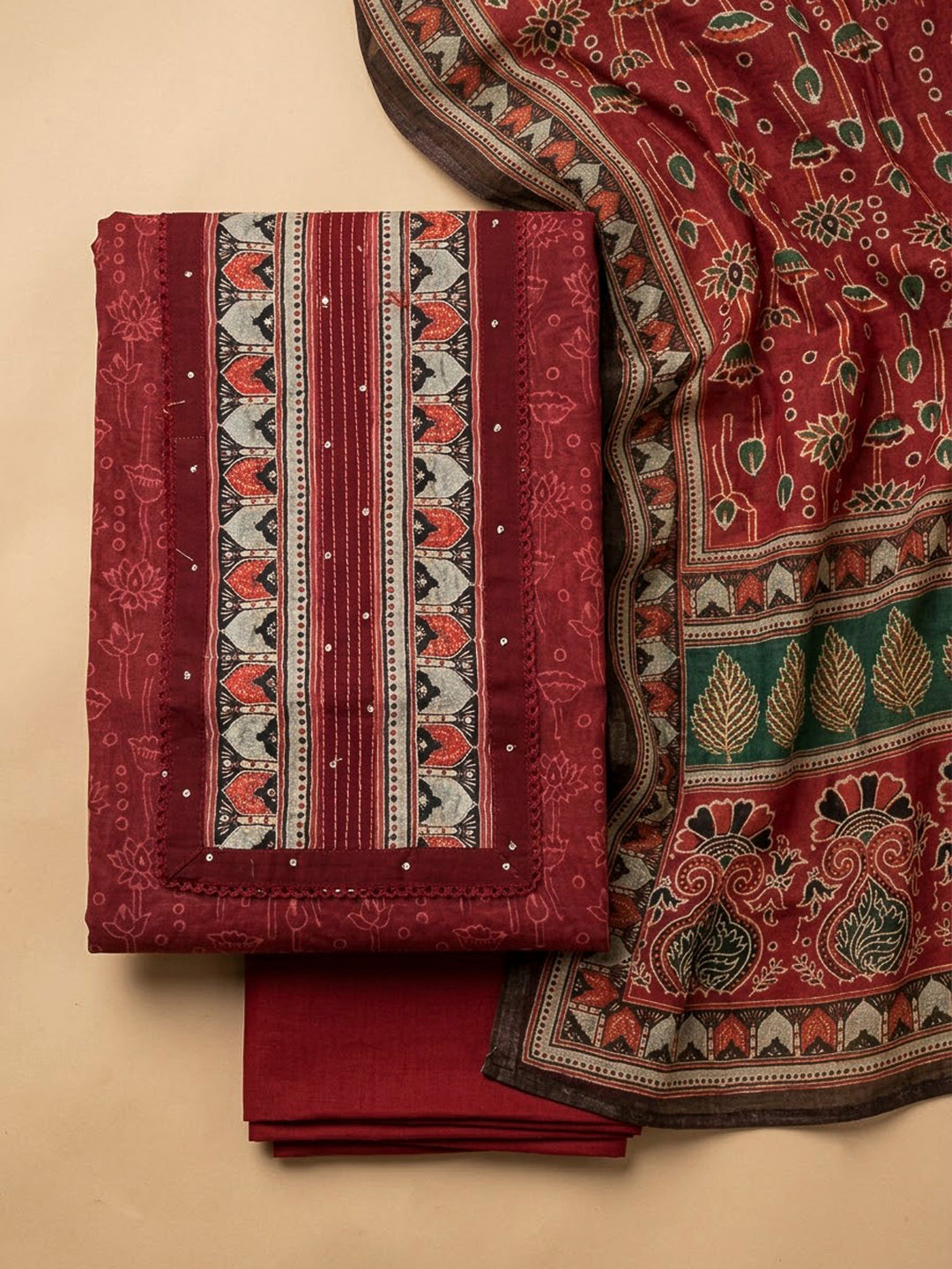 Red Chanderi Printed Unstitched Dress Material
