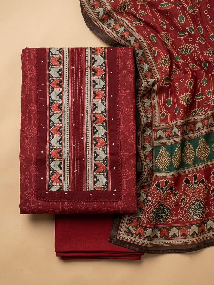 Red Chanderi Printed Unstitched Dress Material