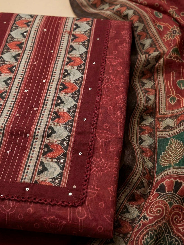 Red Chanderi Printed Unstitched Dress Material