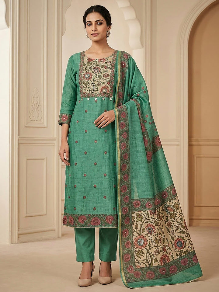 Green Chanderi Embroidered Unstitched Dress Material