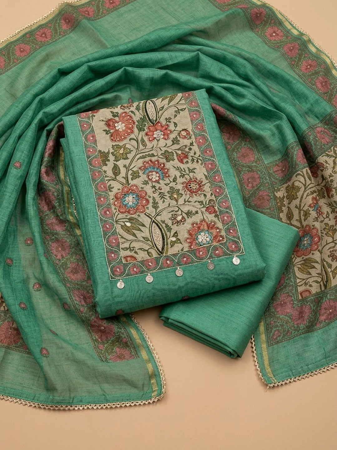 Green Chanderi Embroidered Unstitched Dress Material