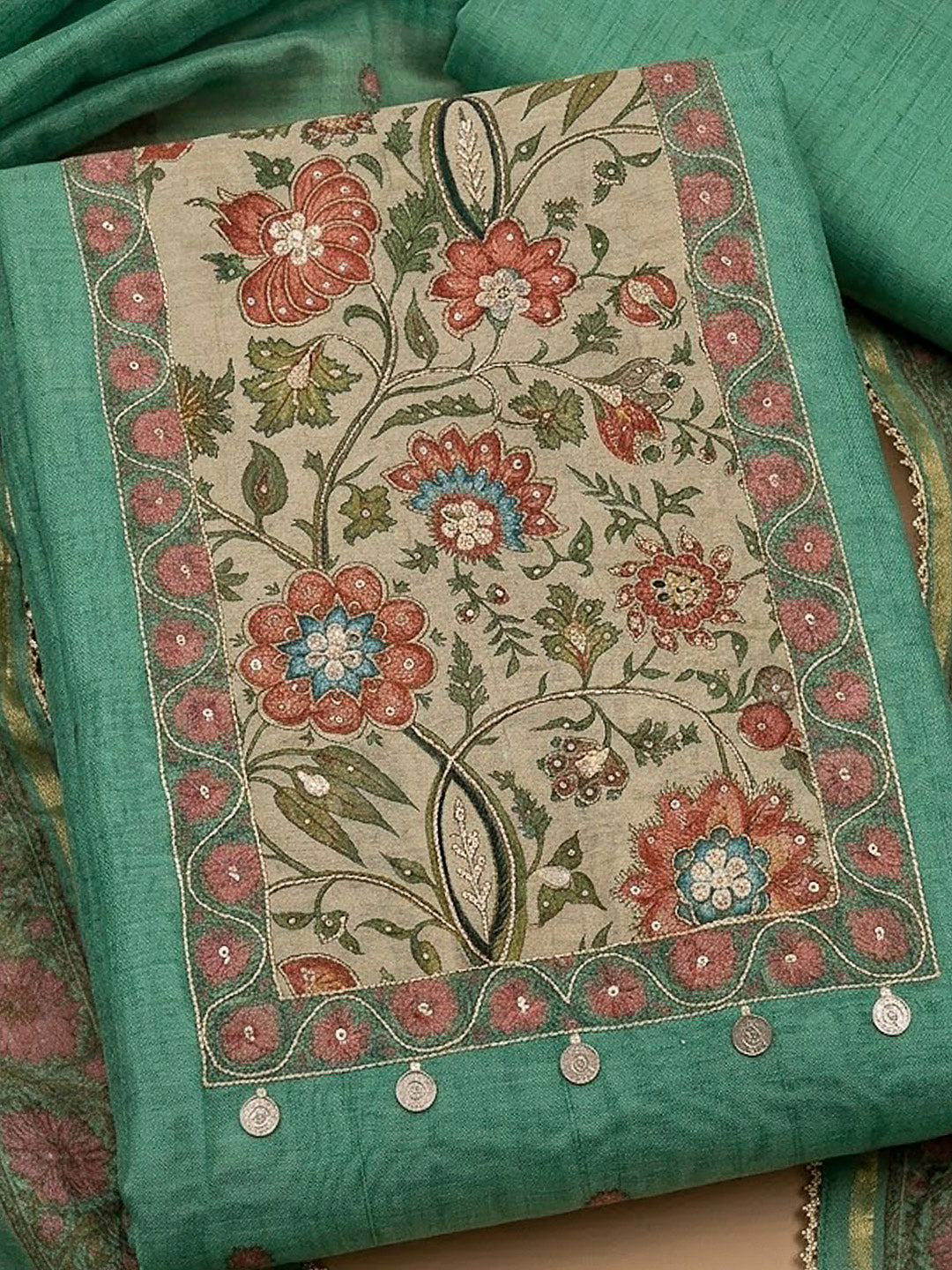 Green Chanderi Embroidered Unstitched Dress Material