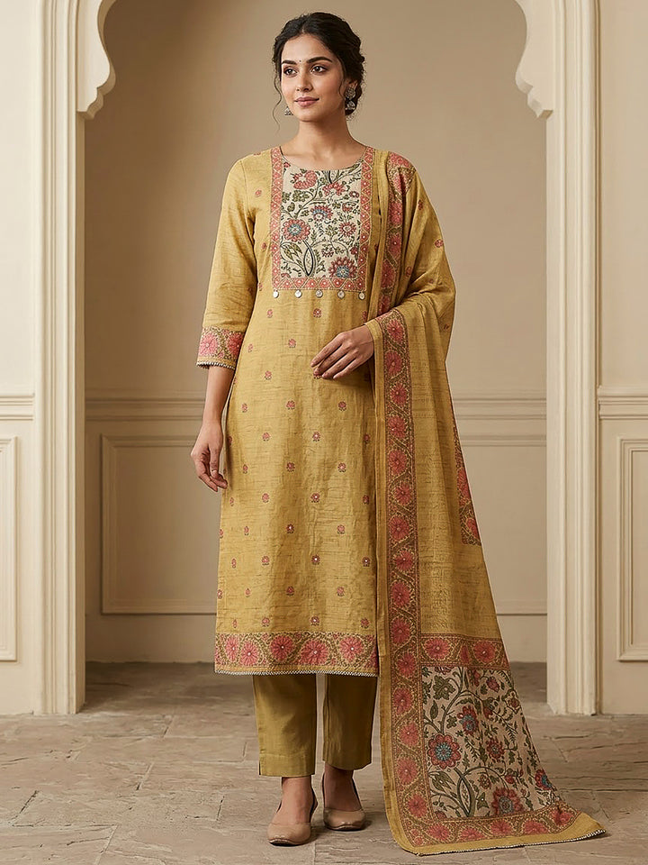 Mustard Chanderi Embroidered Unstitched Dress Material