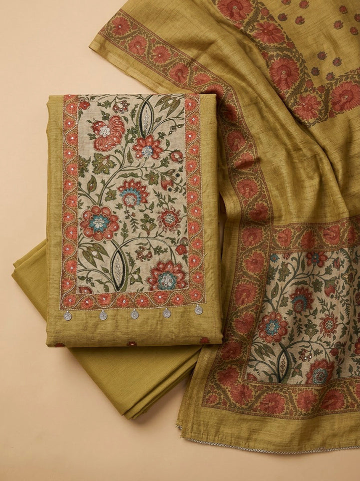 Mustard Chanderi Embroidered Unstitched Dress Material