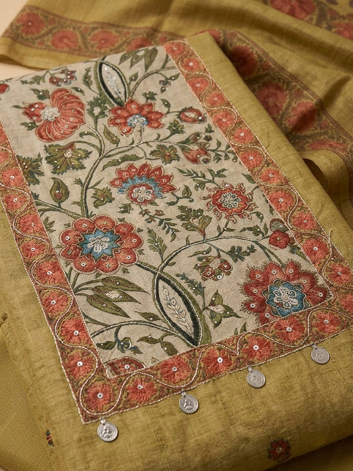 Mustard Chanderi Embroidered Unstitched Dress Material