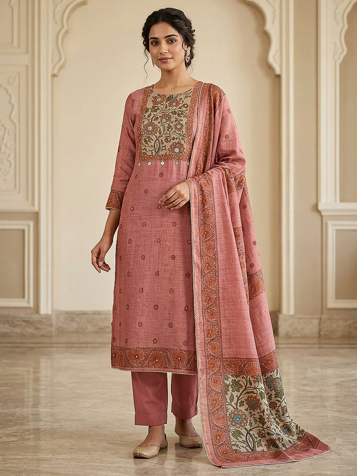 Onion Pink Chanderi Embroidered Unstitched Dress Material