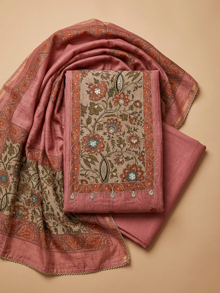 Onion Pink Chanderi Embroidered Unstitched Dress Material
