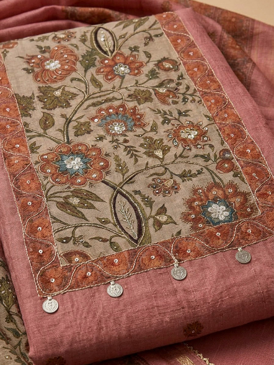Onion Pink Chanderi Embroidered Unstitched Dress Material