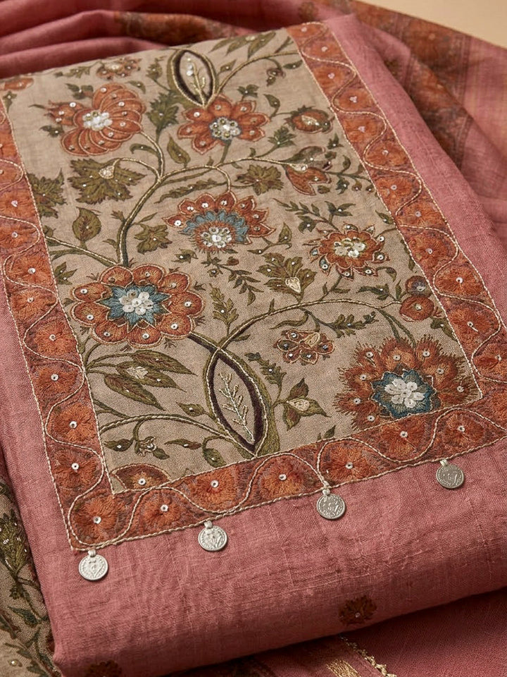 Onion Pink Chanderi Embroidered Unstitched Dress Material