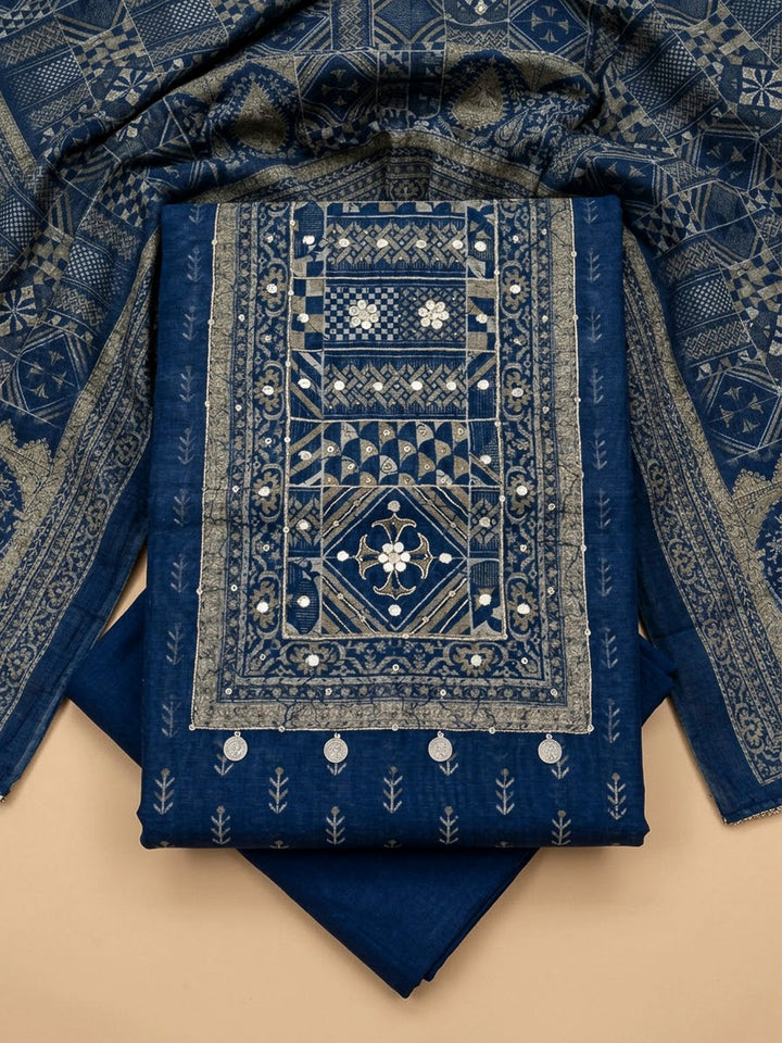 Blue Chanderi Printed Unstitched Dress Material