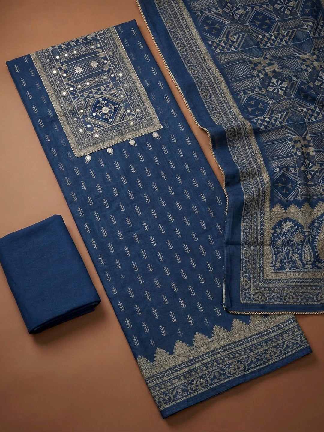 Blue Chanderi Printed Unstitched Dress Material