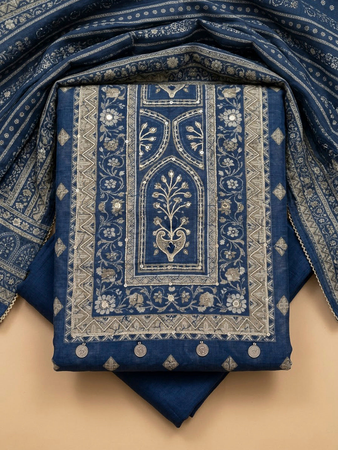 Blue Chanderi Printed Unstitched Dress Material