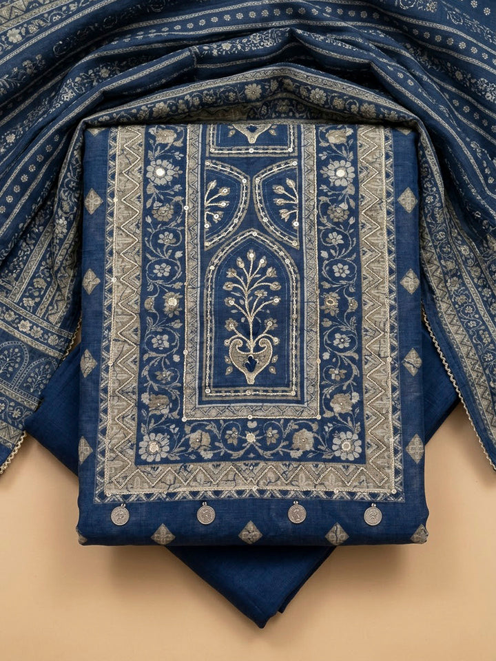 Blue Chanderi Printed Unstitched Dress Material