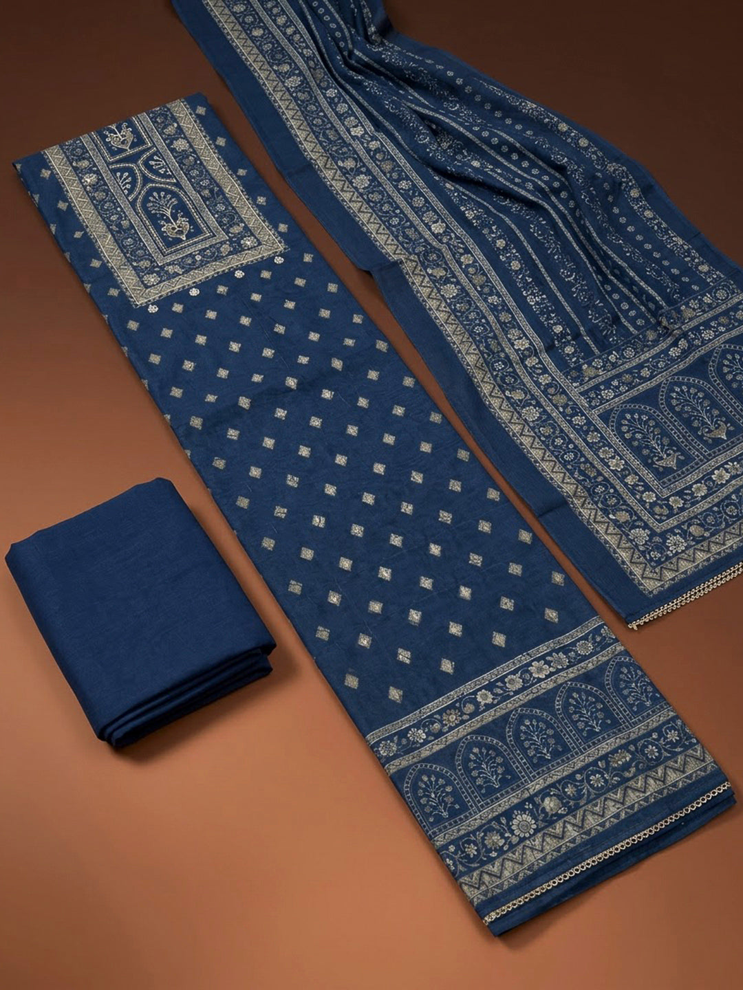 Blue Chanderi Printed Unstitched Dress Material