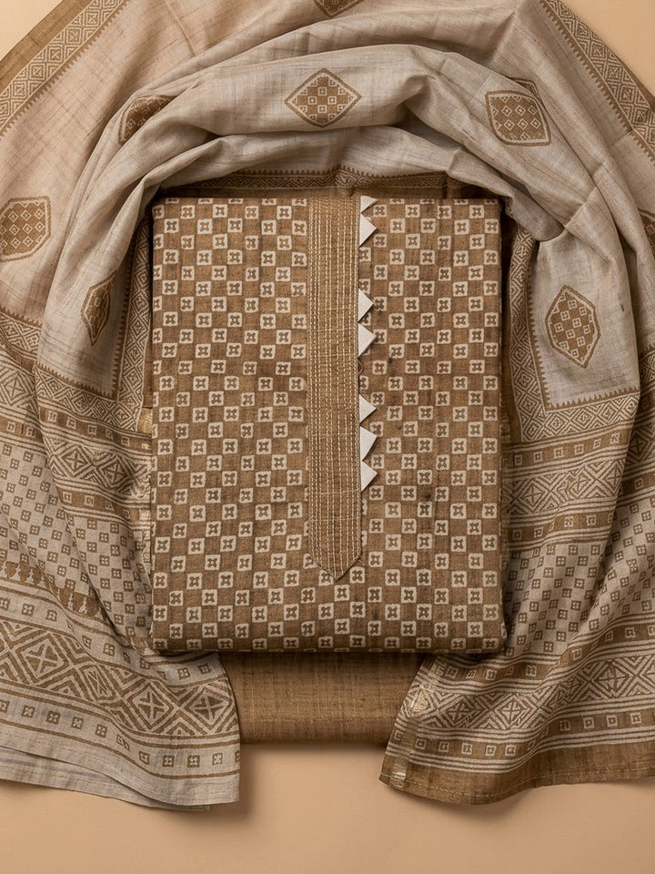 Beige Art Silk Printed Unstitched Dress Material