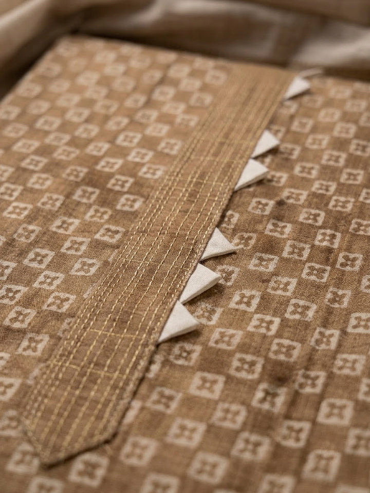 Beige Art Silk Printed Unstitched Dress Material