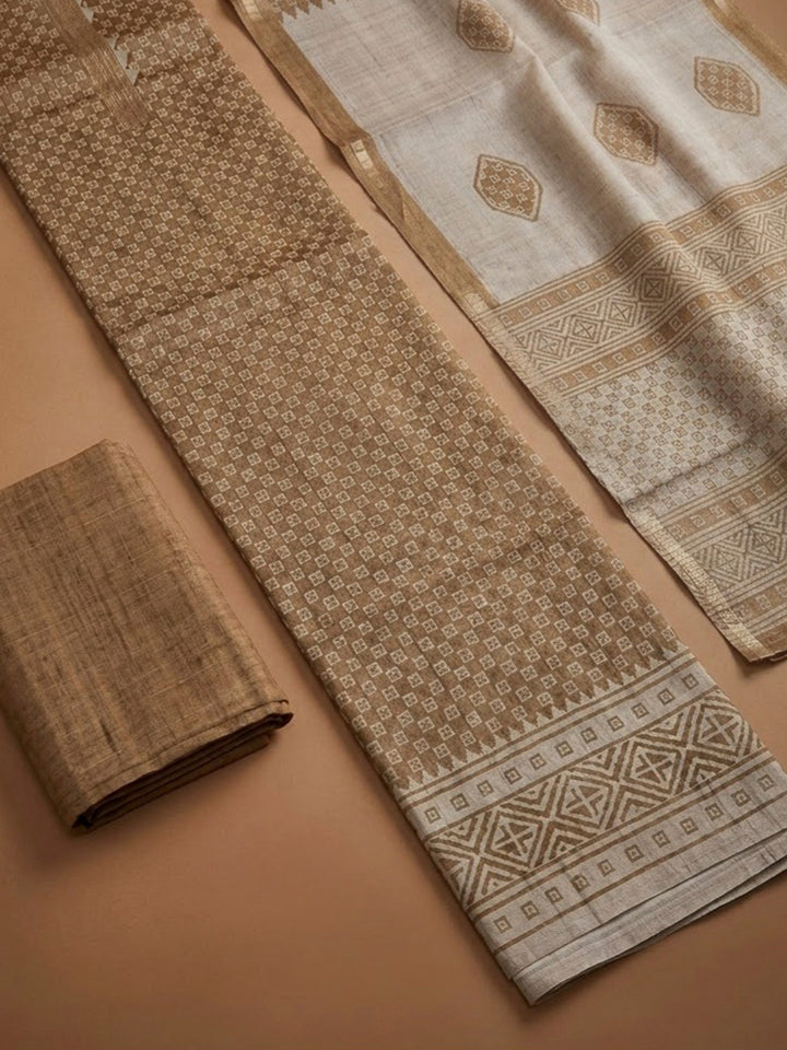 Beige Art Silk Printed Unstitched Dress Material