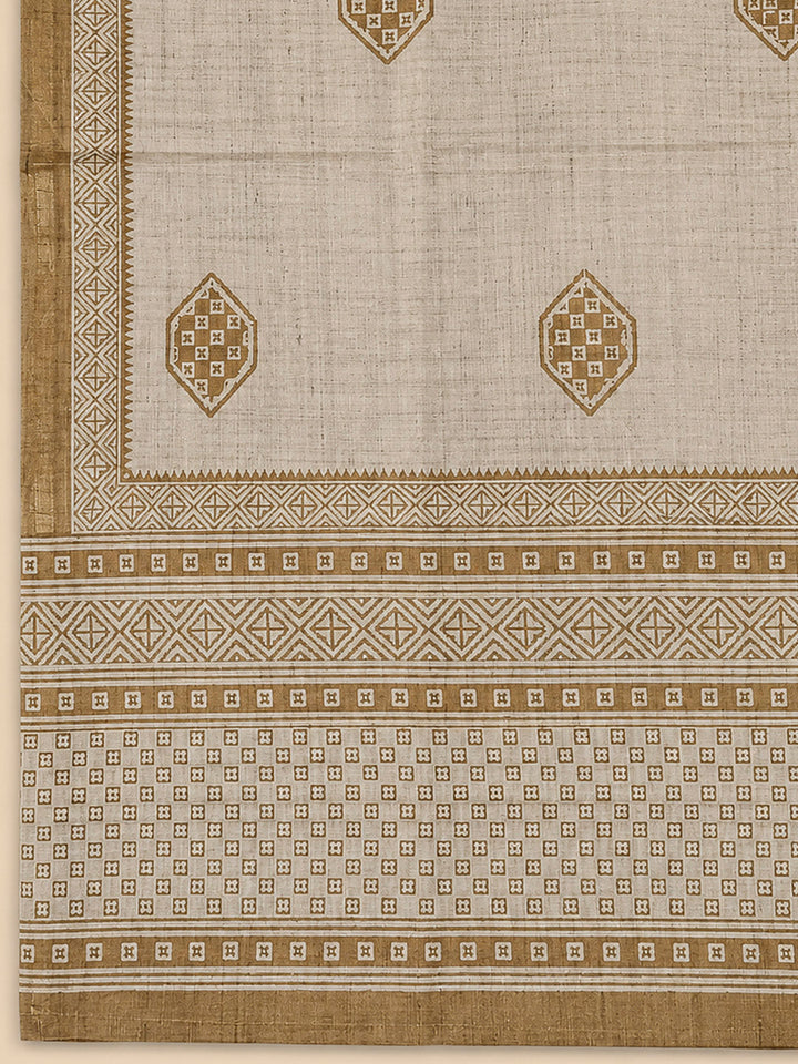 Beige Art Silk Printed Unstitched Dress Material