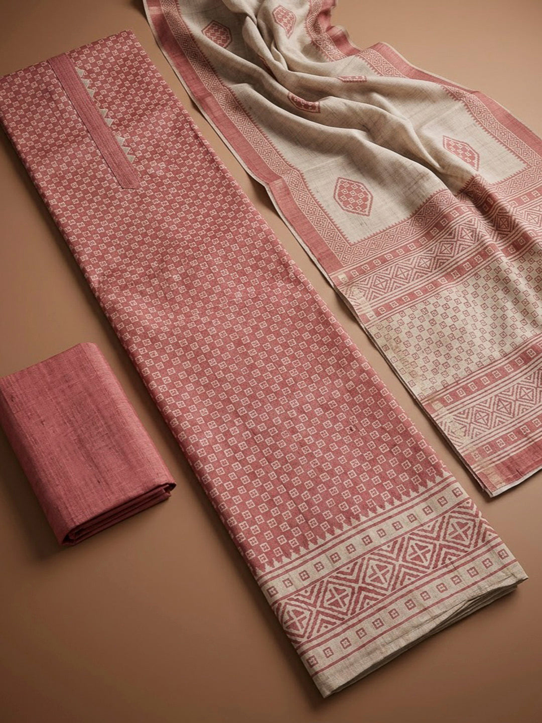 Peach Art Silk Printed Unstitched Dress Material
