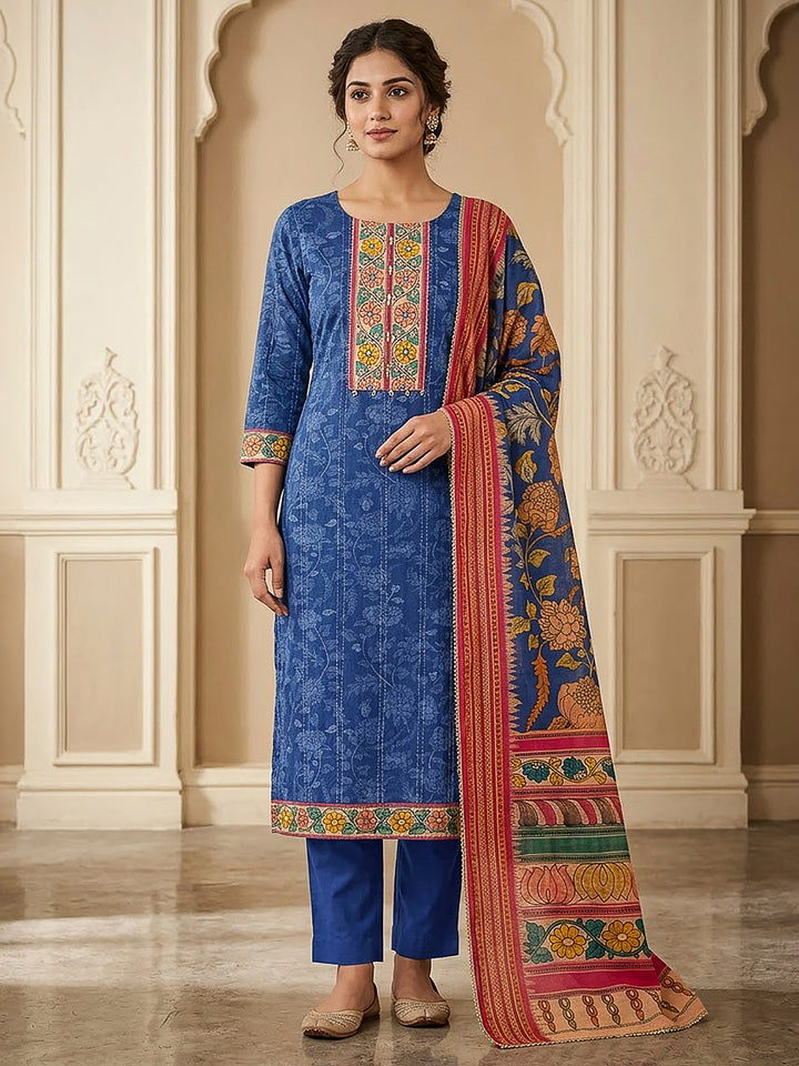 Blue Chanderi Printed Unstitched Dress Material