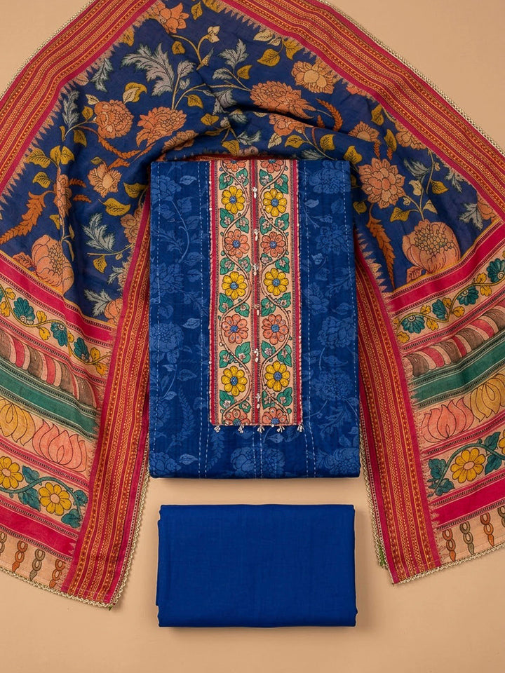 Blue Chanderi Printed Unstitched Dress Material