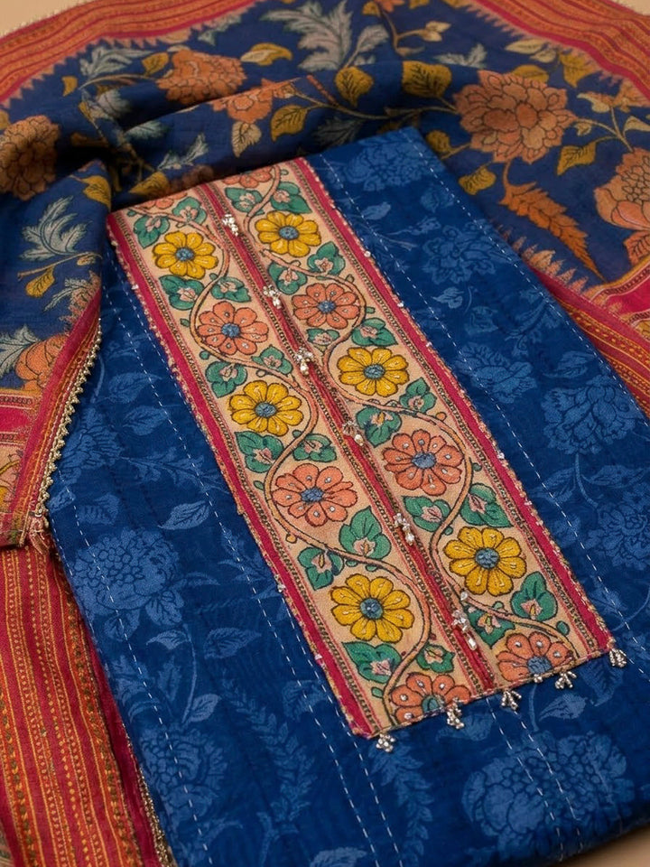 Blue Chanderi Printed Unstitched Dress Material