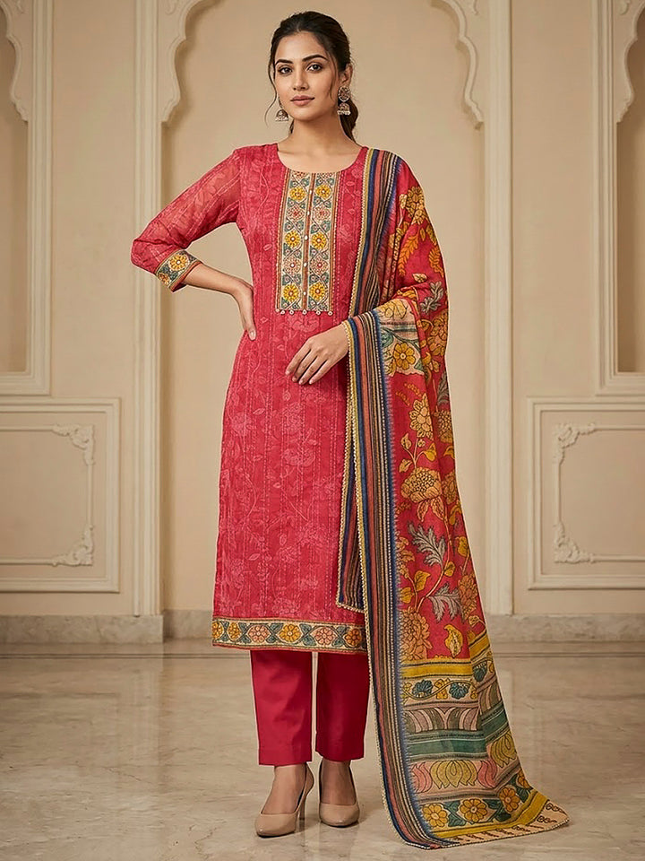 Hot Pink Chanderi Printed Unstitched Dress Material