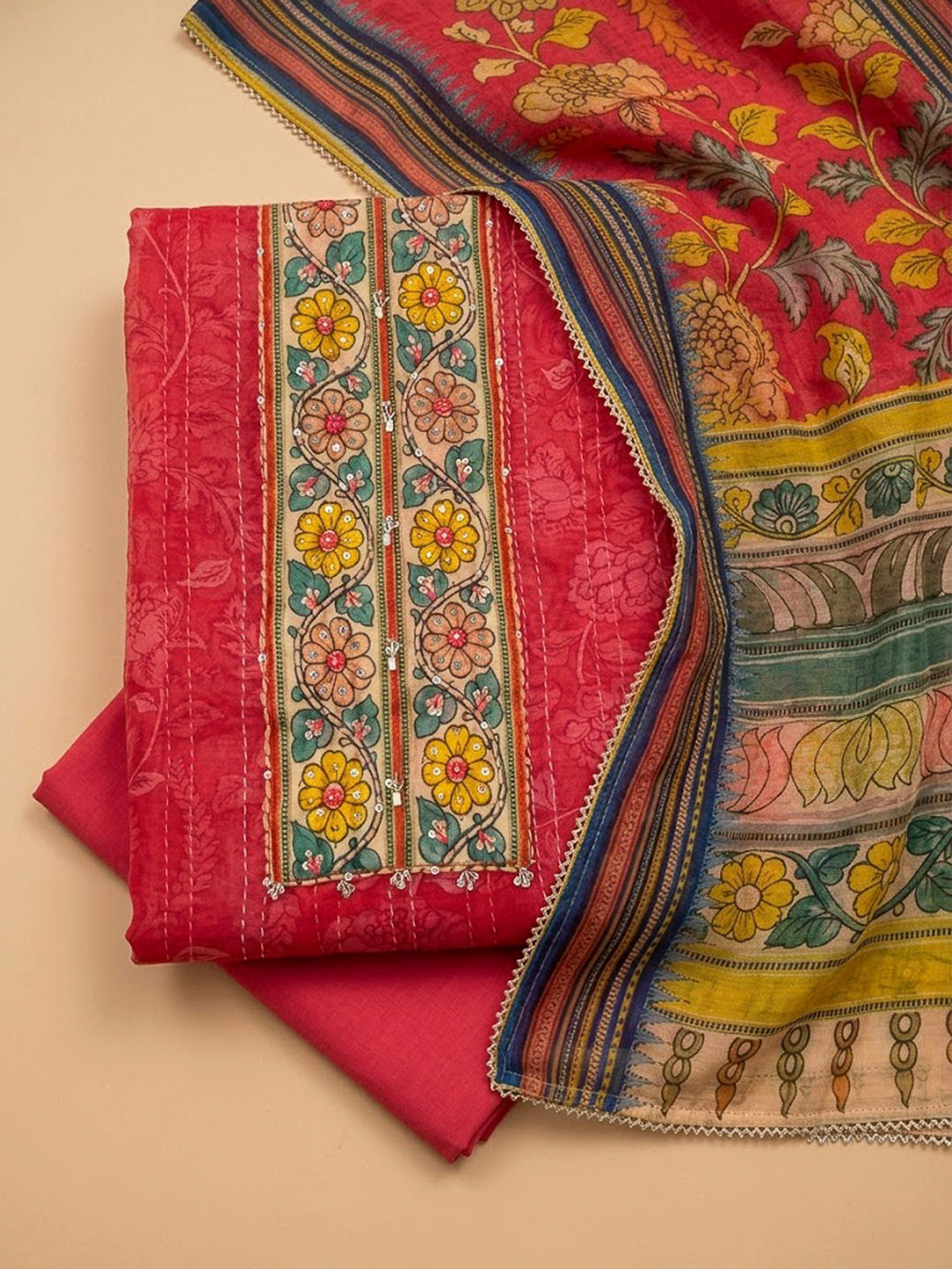 Hot Pink Chanderi Printed Unstitched Dress Material