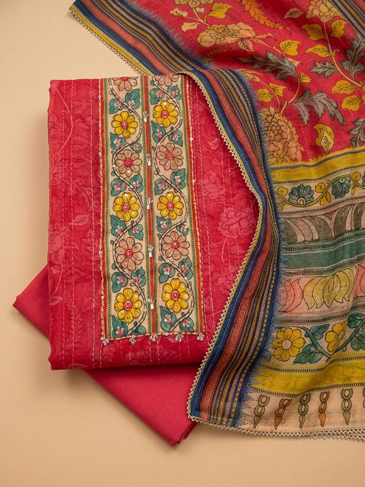 Hot Pink Chanderi Printed Unstitched Dress Material