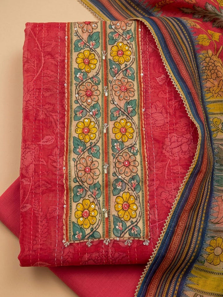 Hot Pink Chanderi Printed Unstitched Dress Material