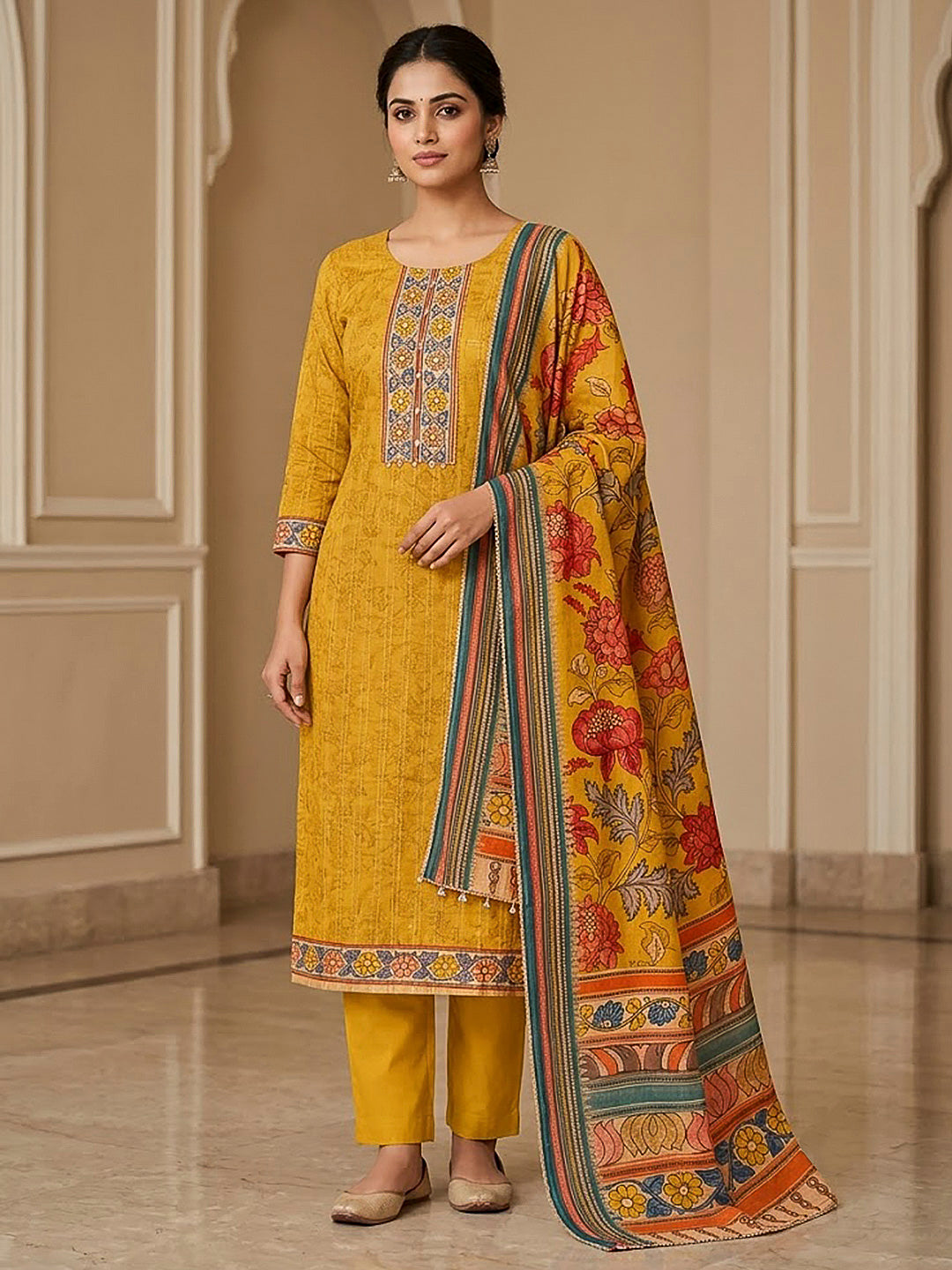 Mustard Chanderi Printed Unstitched Dress Material