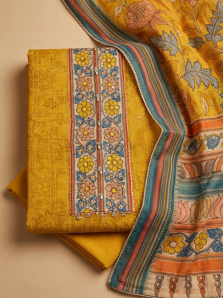 Mustard Chanderi Printed Unstitched Dress Material