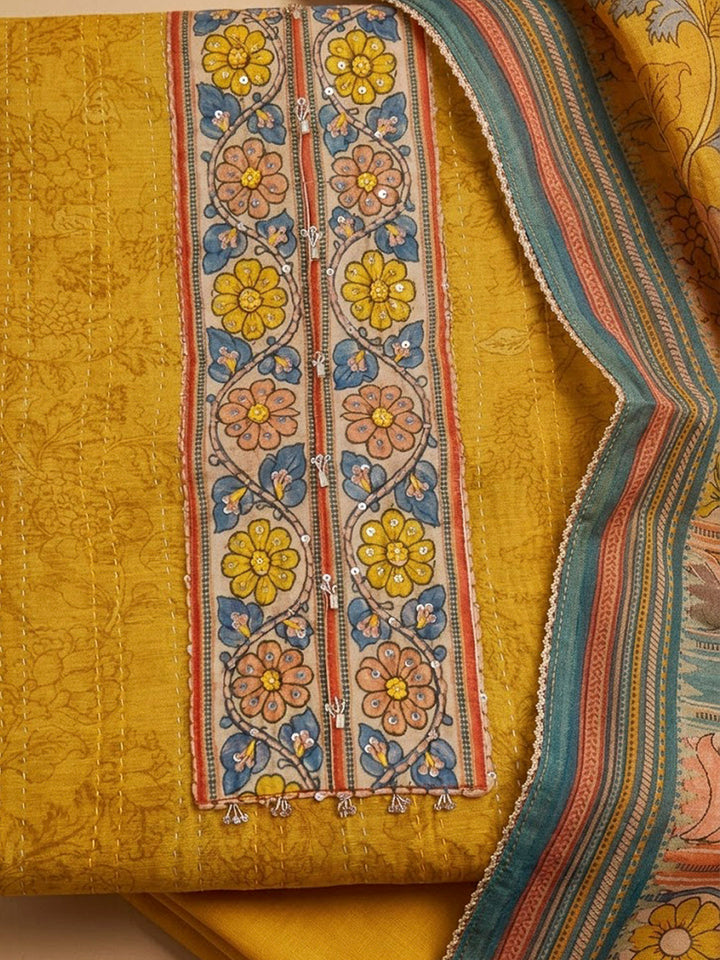 Mustard Chanderi Printed Unstitched Dress Material