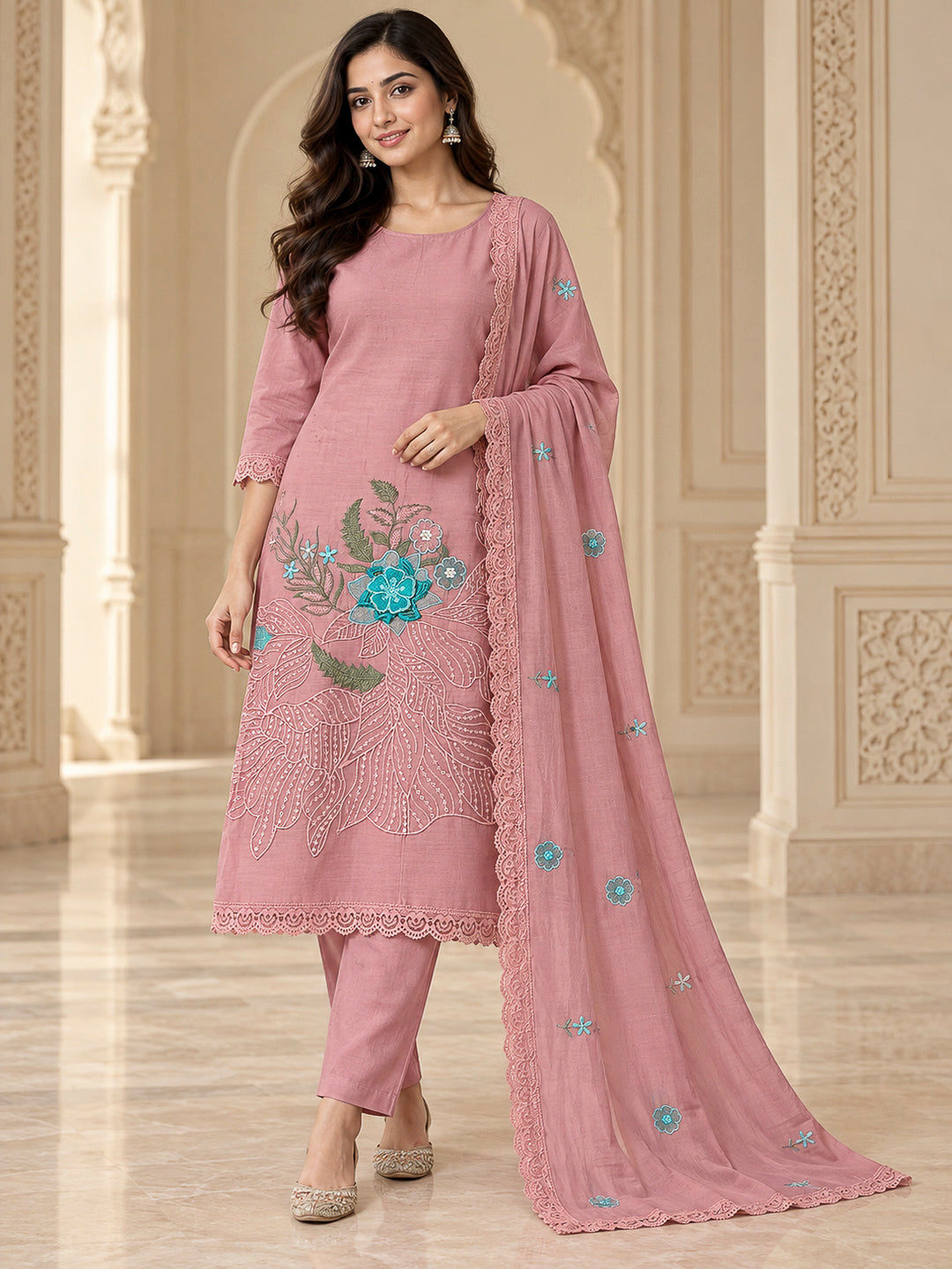 Peach Chanderi Printed Unstitched Dress Material