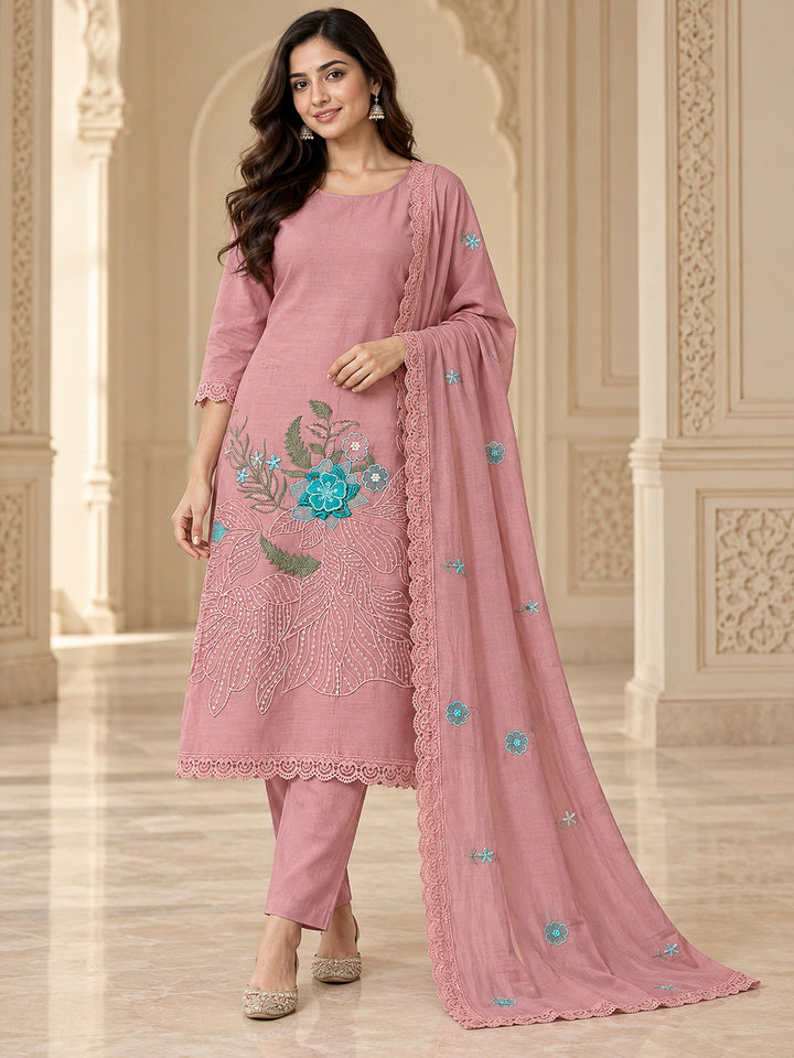 Peach Chanderi Printed Unstitched Dress Material