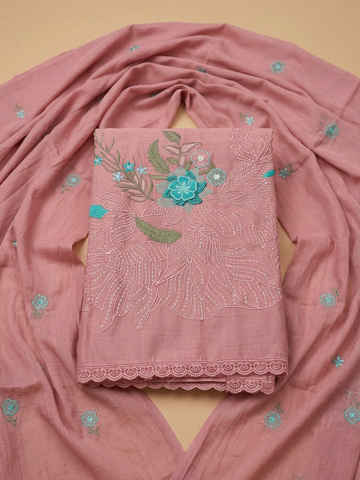 Peach Chanderi Printed Unstitched Dress Material