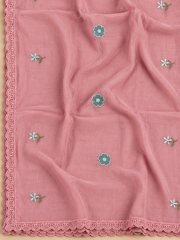 Peach Chanderi Printed Unstitched Dress Material