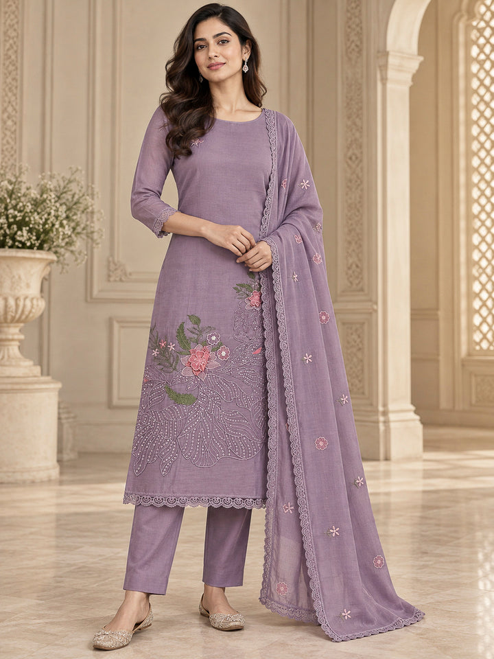 Purple Chanderi Printed Unstitched Dress Material