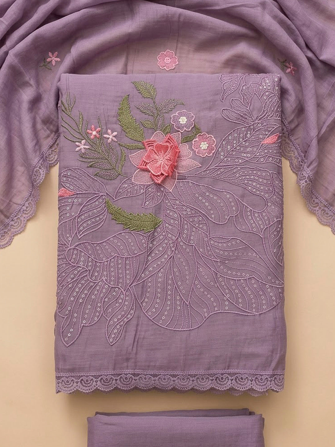 Purple Chanderi Printed Unstitched Dress Material
