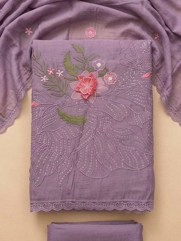 Purple Chanderi Printed Unstitched Dress Material